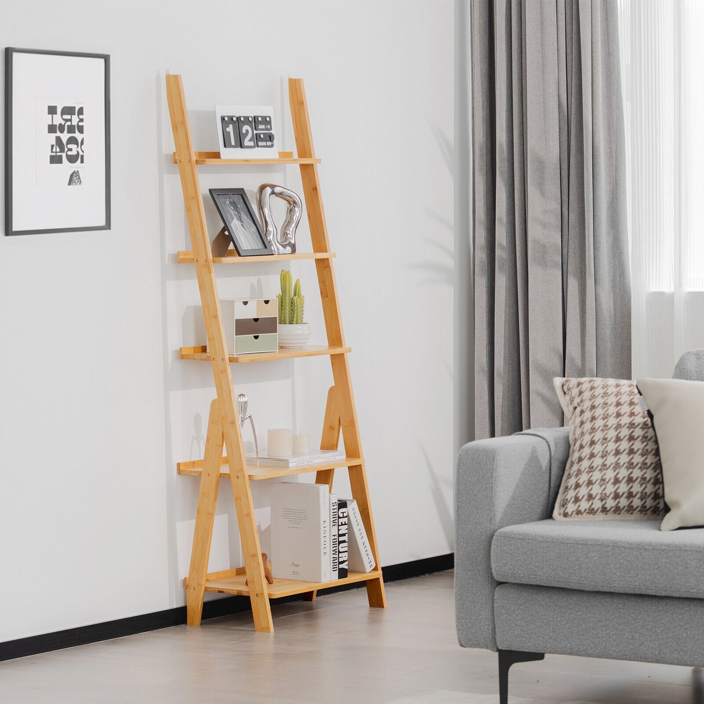5-Tier Bamboo Ladder Shelf for Home Use-Natural Kids Crystal