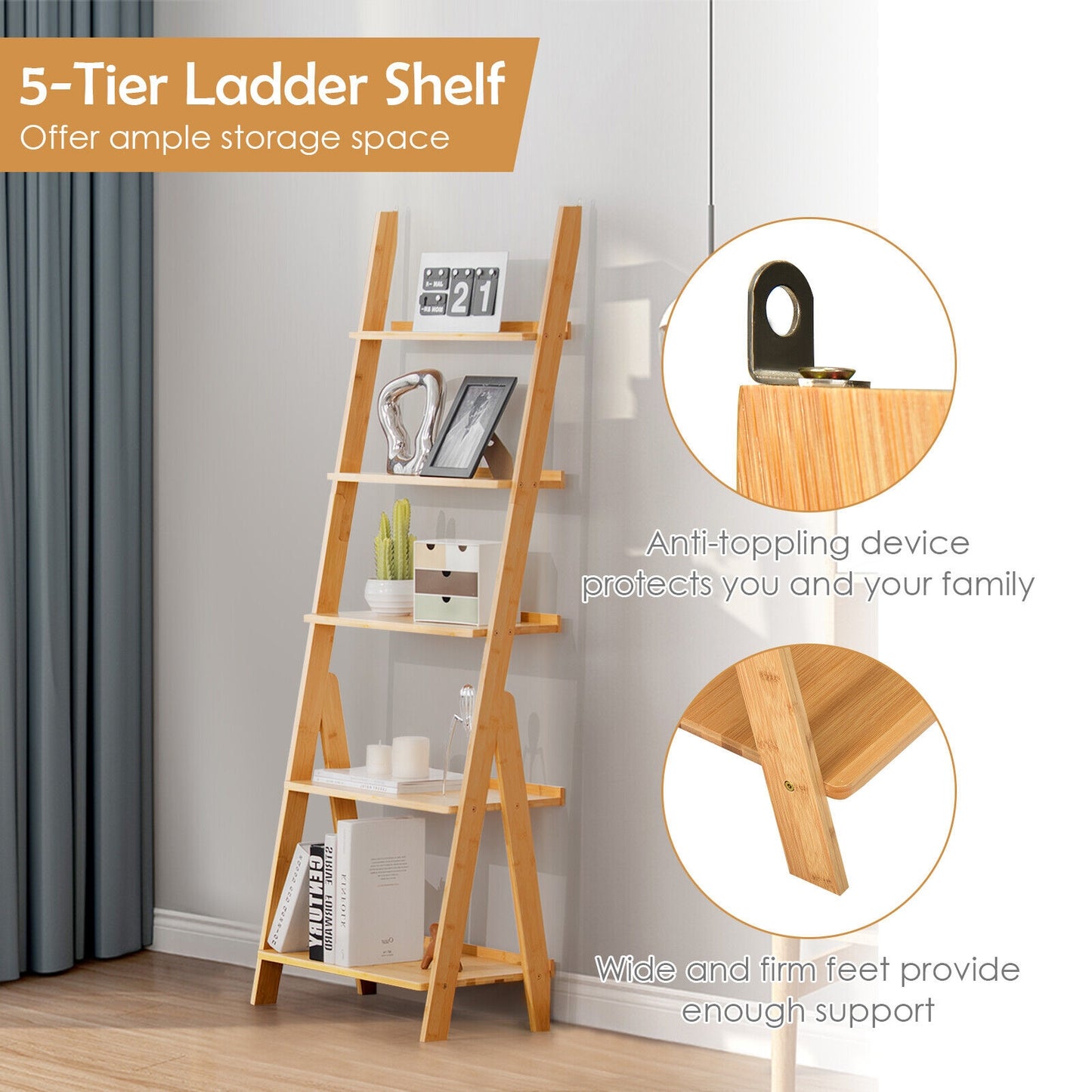 5-Tier Bamboo Ladder Shelf for Home Use-Natural Kids Crystal
