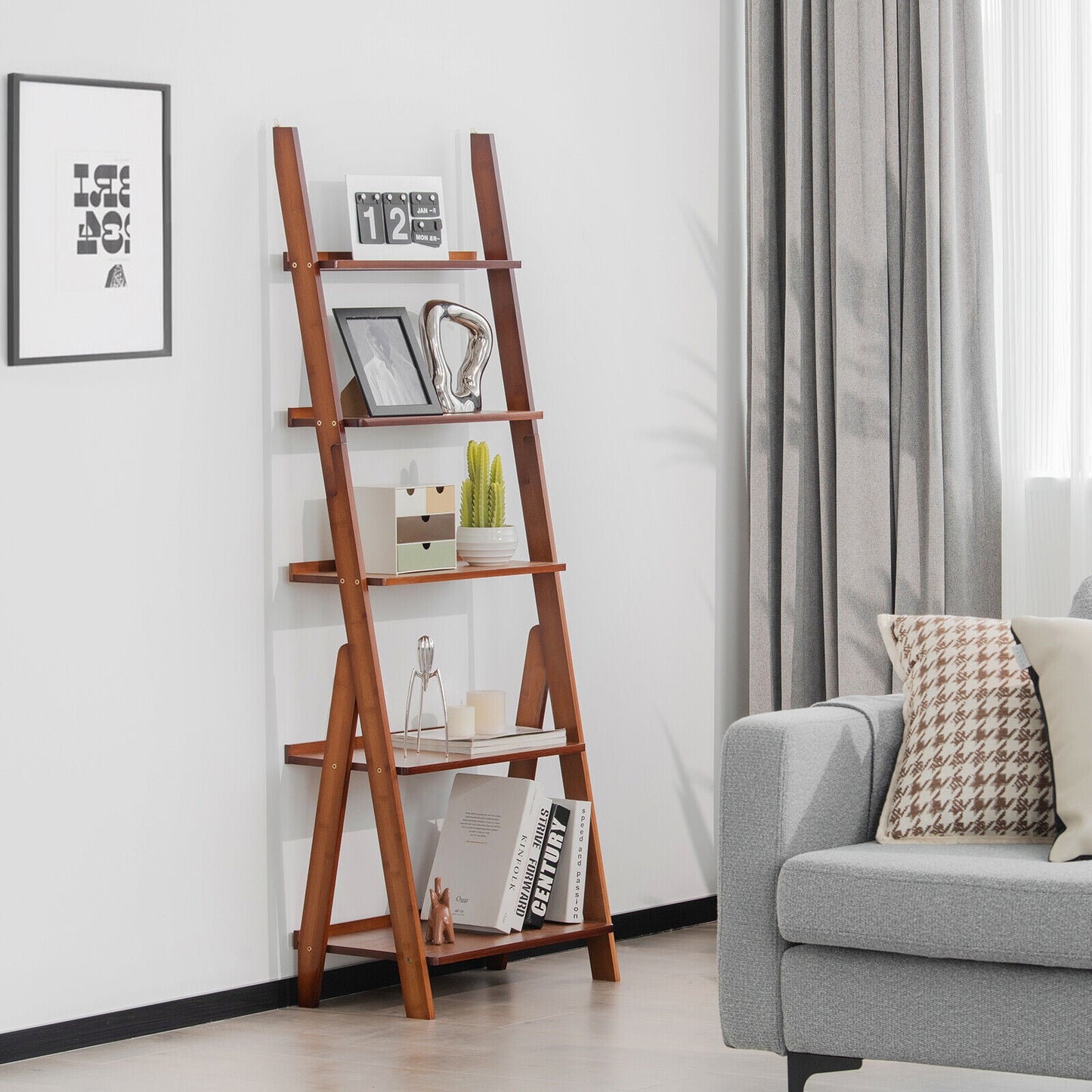 5-Tier Bamboo Ladder Shelf for Home Use-Brown Kids Crystal