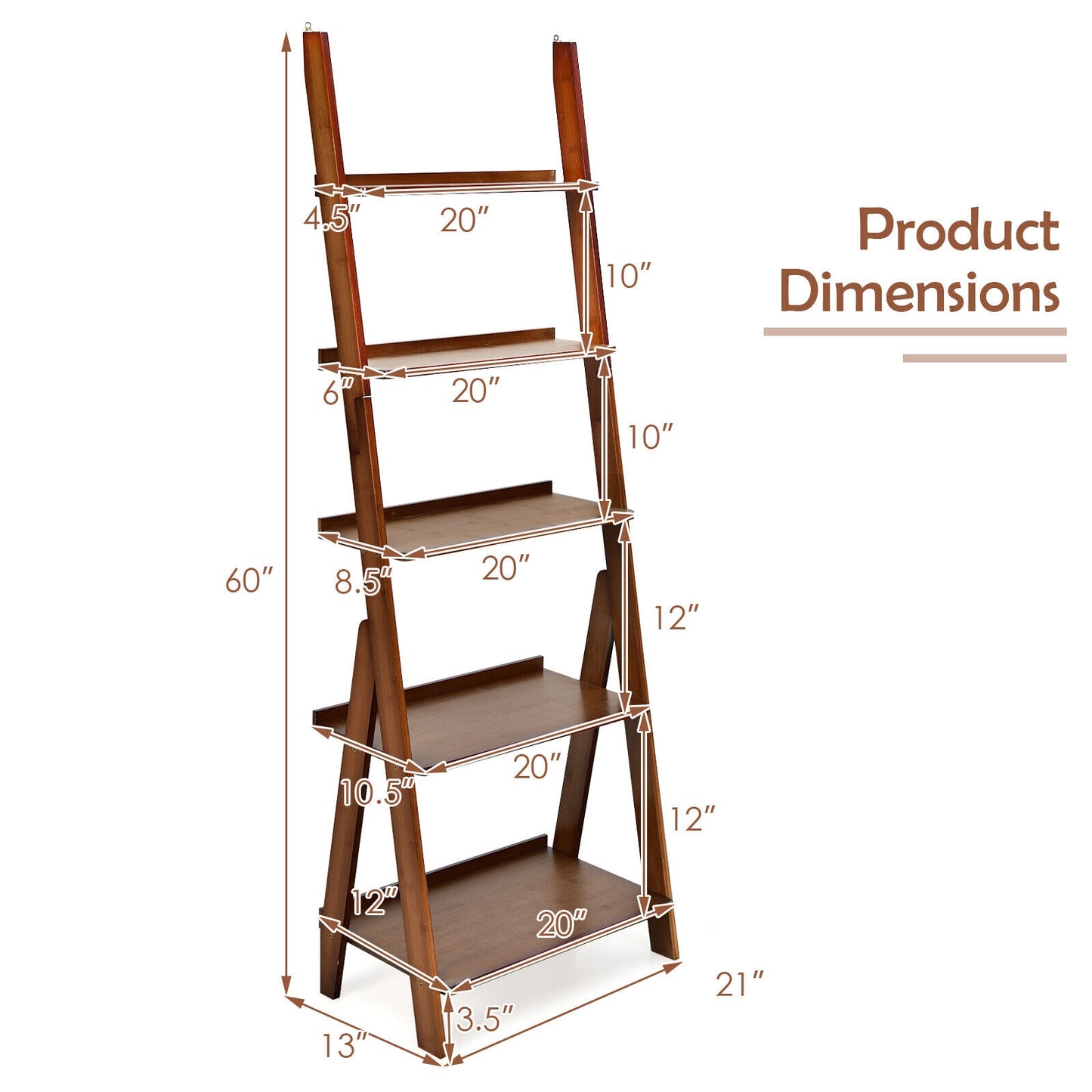 5-Tier Bamboo Ladder Shelf for Home Use-Brown Kids Crystal