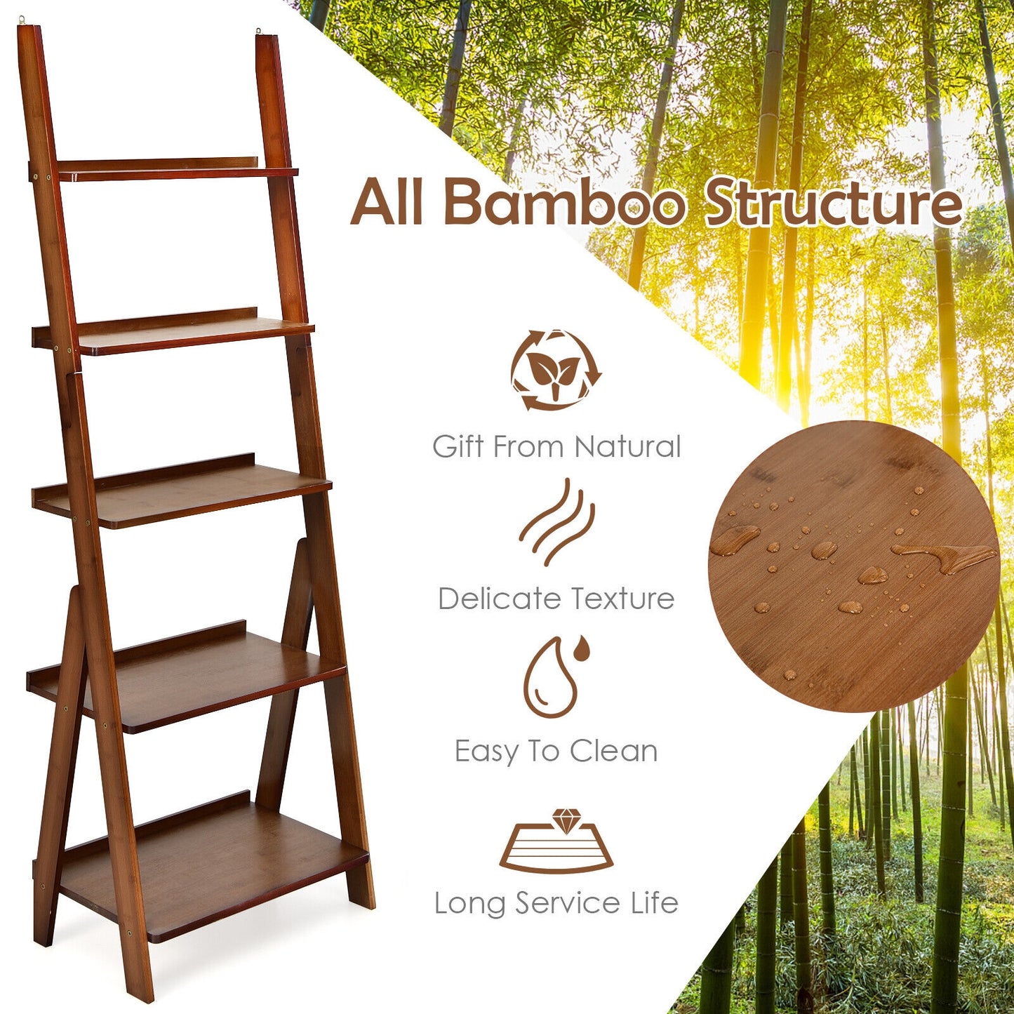 5-Tier Bamboo Ladder Shelf for Home Use-Brown Kids Crystal