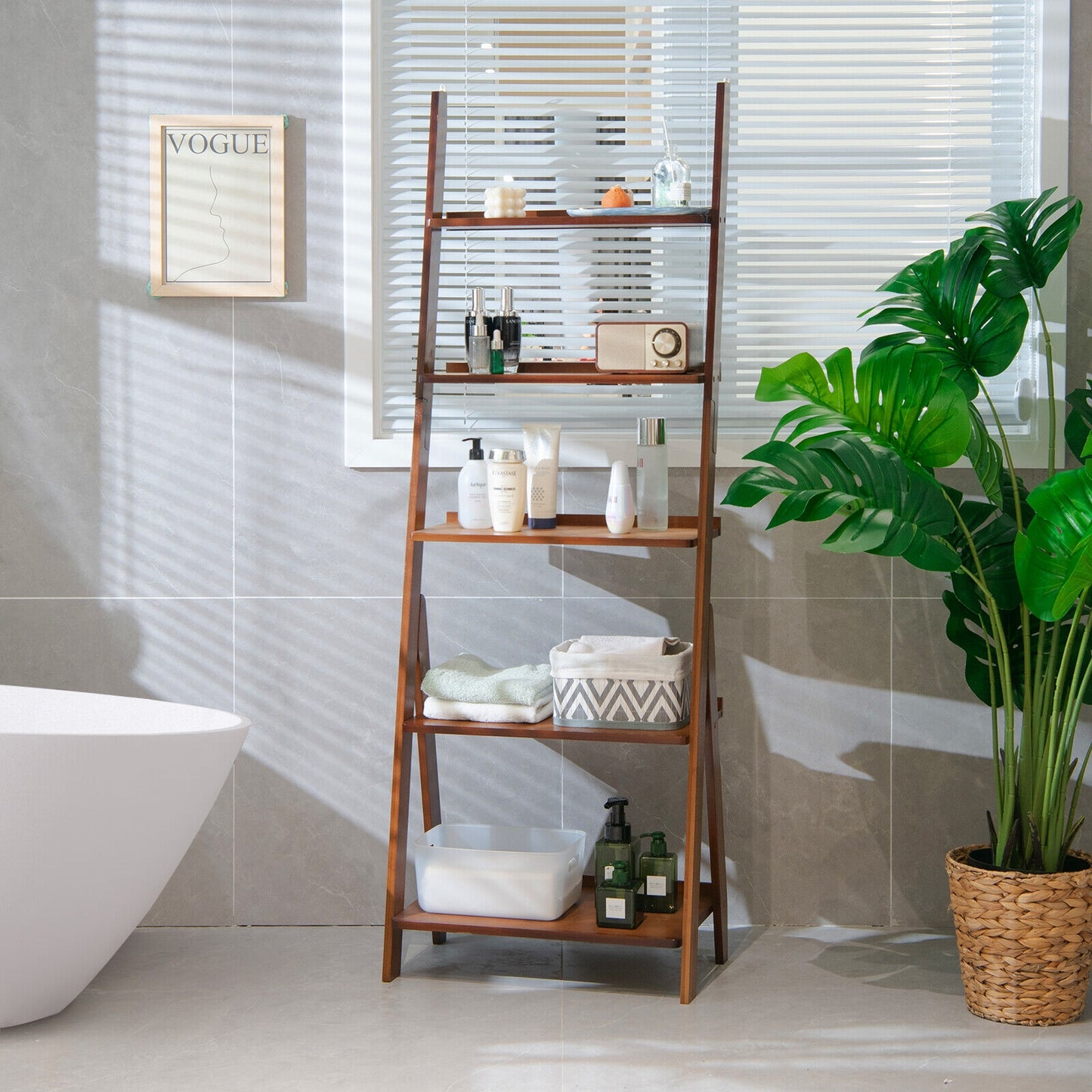 5-Tier Bamboo Ladder Shelf for Home Use-Brown Kids Crystal