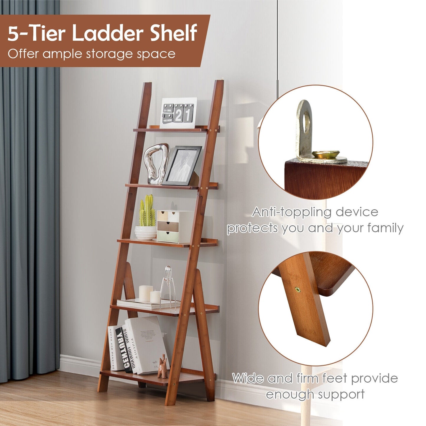 5-Tier Bamboo Ladder Shelf for Home Use-Brown Kids Crystal