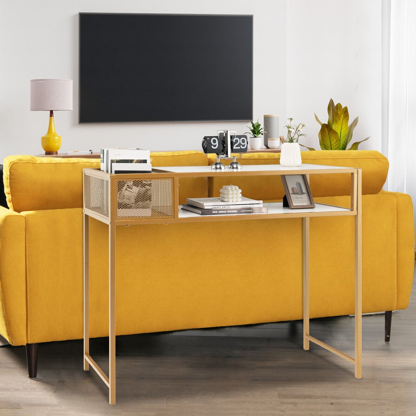 Faux Marble Console Table with Wire Baske for Hallway and Living Room-White Kids Crystal