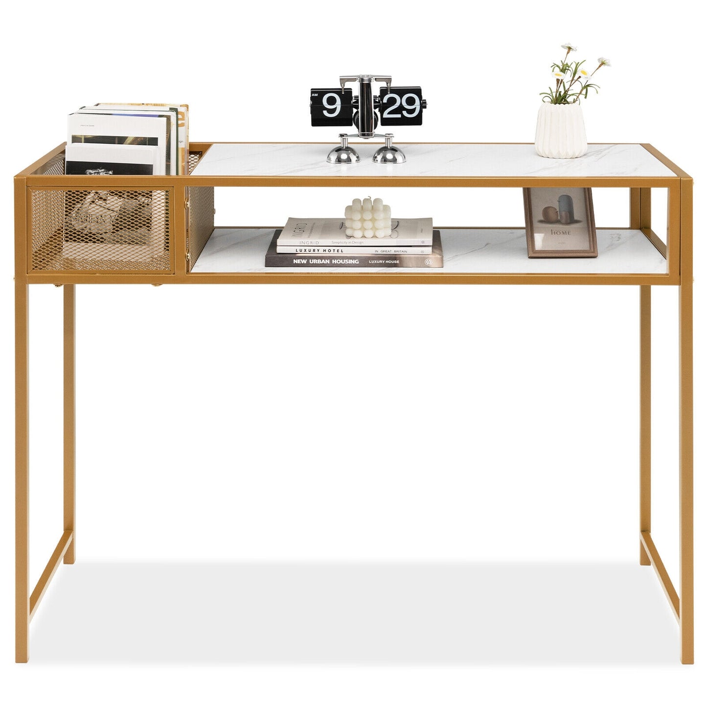 Faux Marble Console Table with Wire Baske for Hallway and Living Room-White Kids Crystal