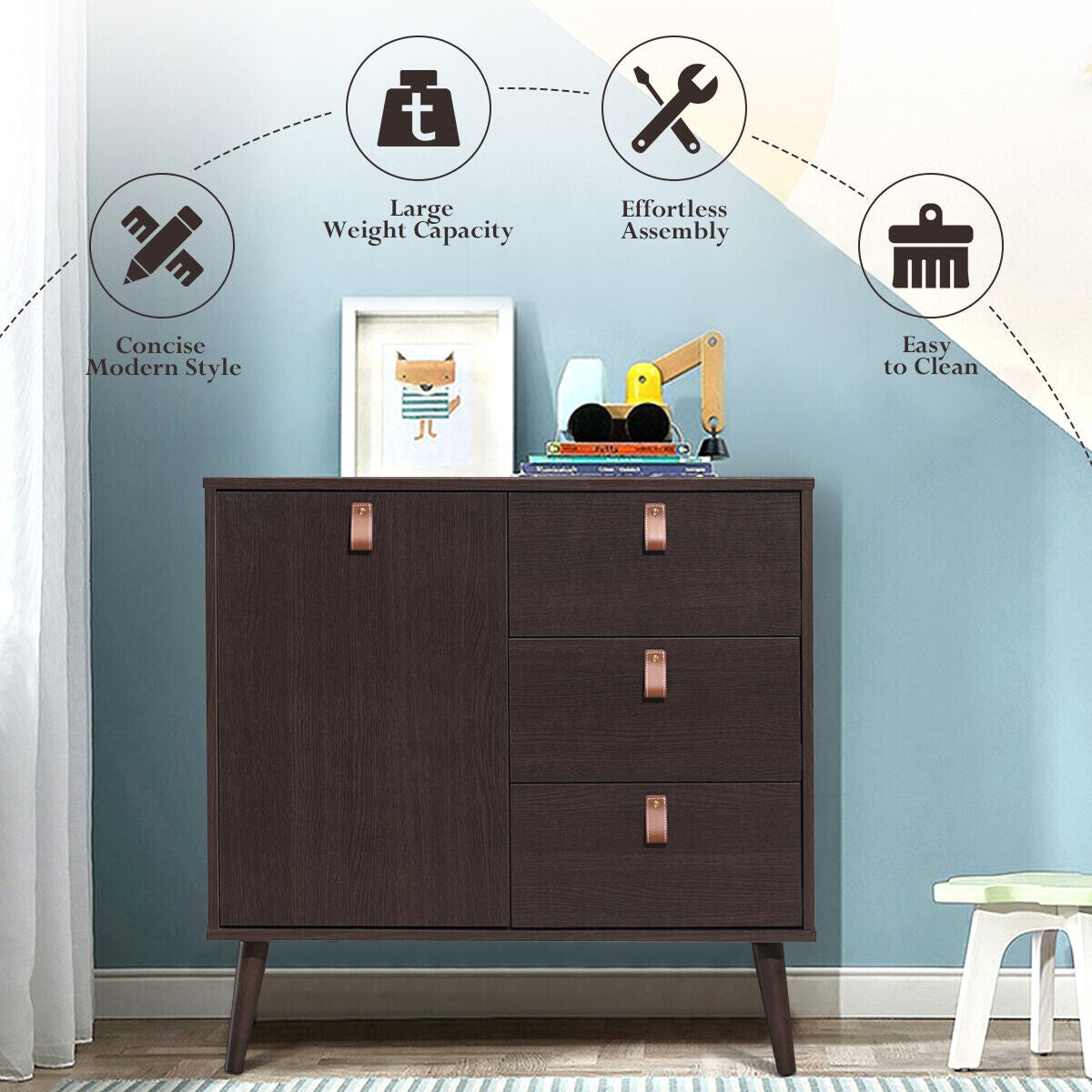 3-drawer Sideboard Storage Display Cabinet-Brown Kids Crystal