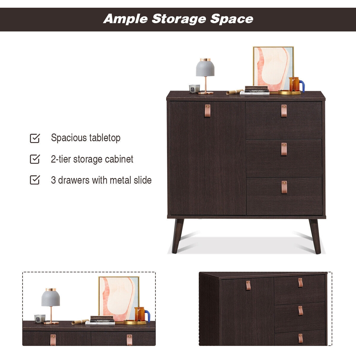 3-drawer Sideboard Storage Display Cabinet-Brown Kids Crystal