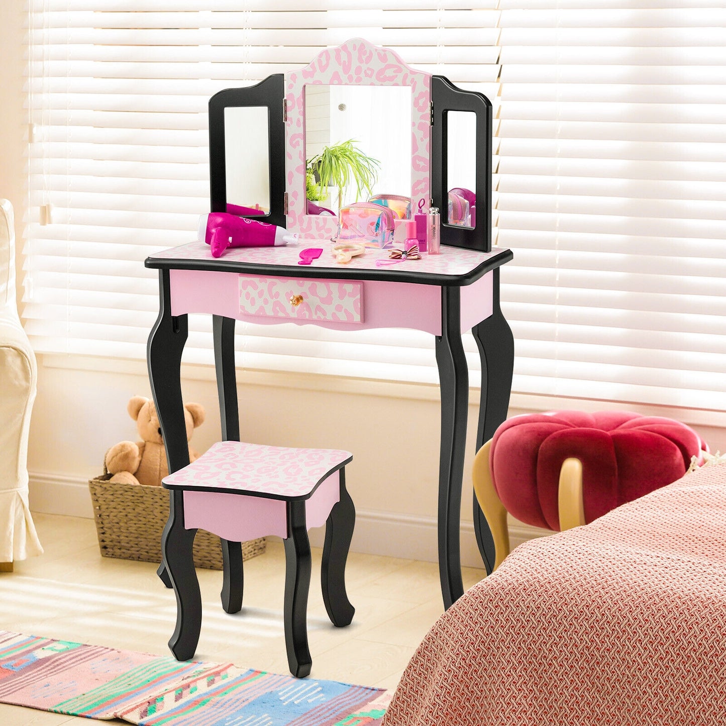 Kid Vanity Set with Tri-Folding Mirror and Leopard Print-Pink Kids Crystal