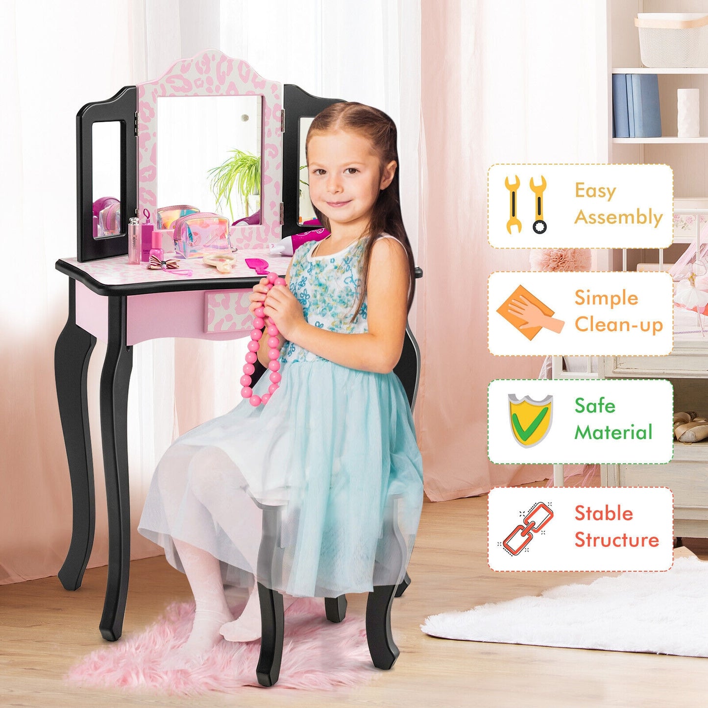 Kid Vanity Set with Tri-Folding Mirror and Leopard Print-Pink Kids Crystal