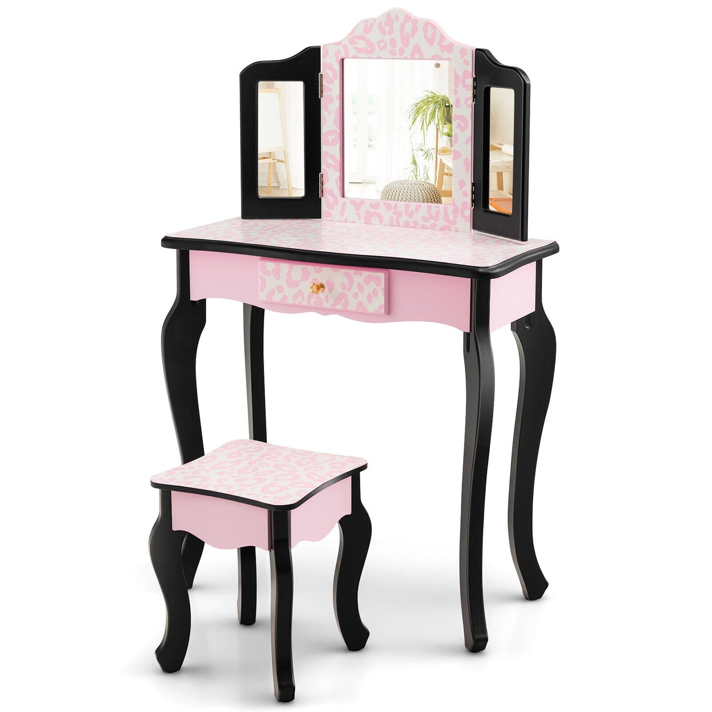 Kid Vanity Set with Tri-Folding Mirror and Leopard Print-Pink Kids Crystal
