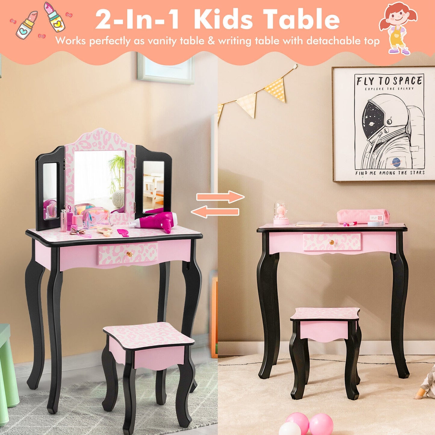 Kid Vanity Set with Tri-Folding Mirror and Leopard Print-Pink Kids Crystal