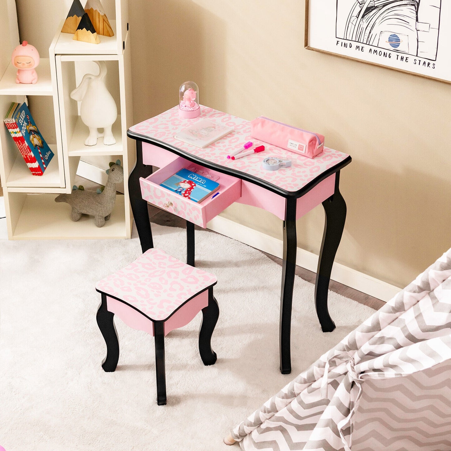 Kid Vanity Set with Tri-Folding Mirror and Leopard Print-Pink Kids Crystal
