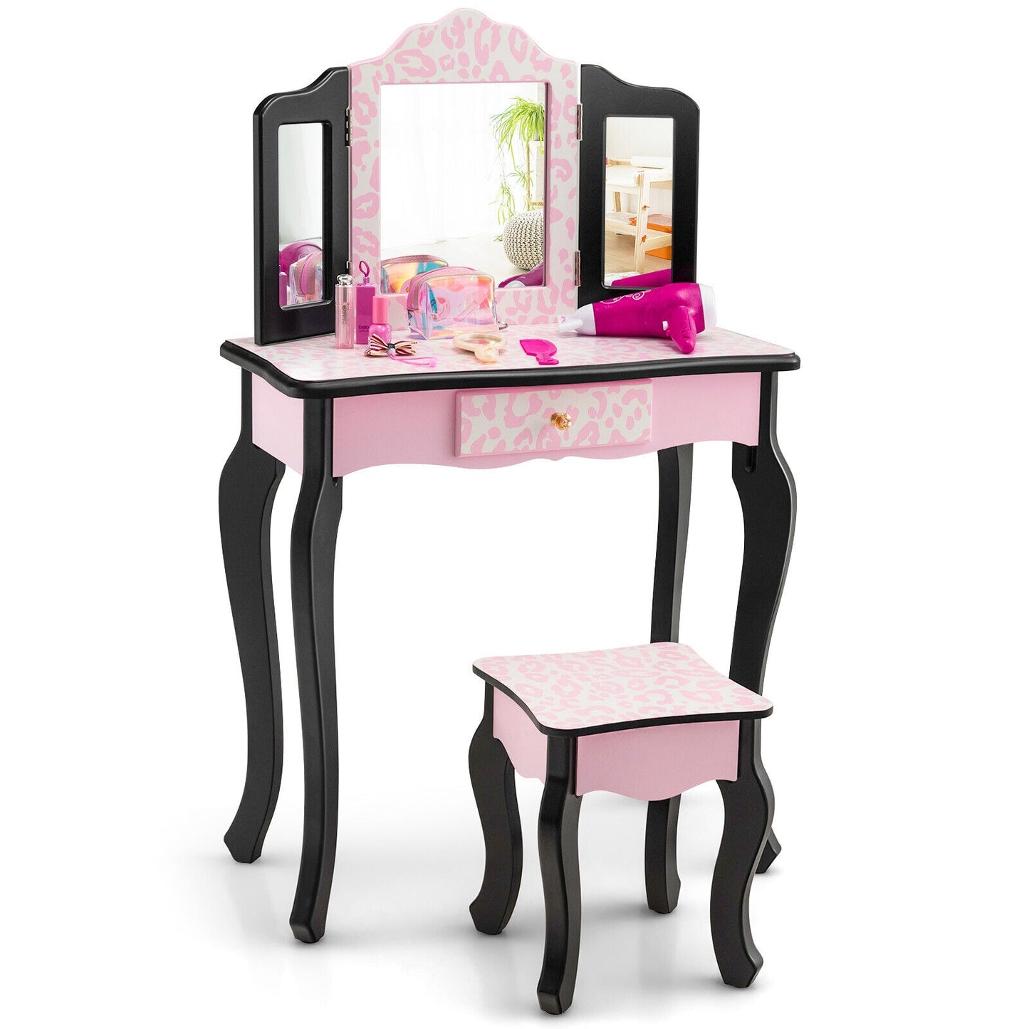 Kid Vanity Set with Tri-Folding Mirror and Leopard Print-Pink Kids Crystal