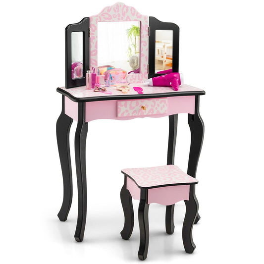 Kid Vanity Set with Tri-Folding Mirror and Leopard Print-Pink Kids Crystal