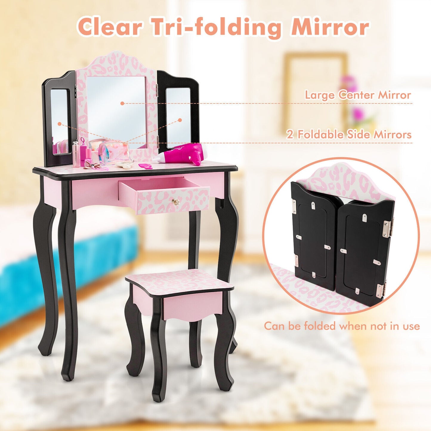 Kid Vanity Set with Tri-Folding Mirror and Leopard Print-Pink Kids Crystal