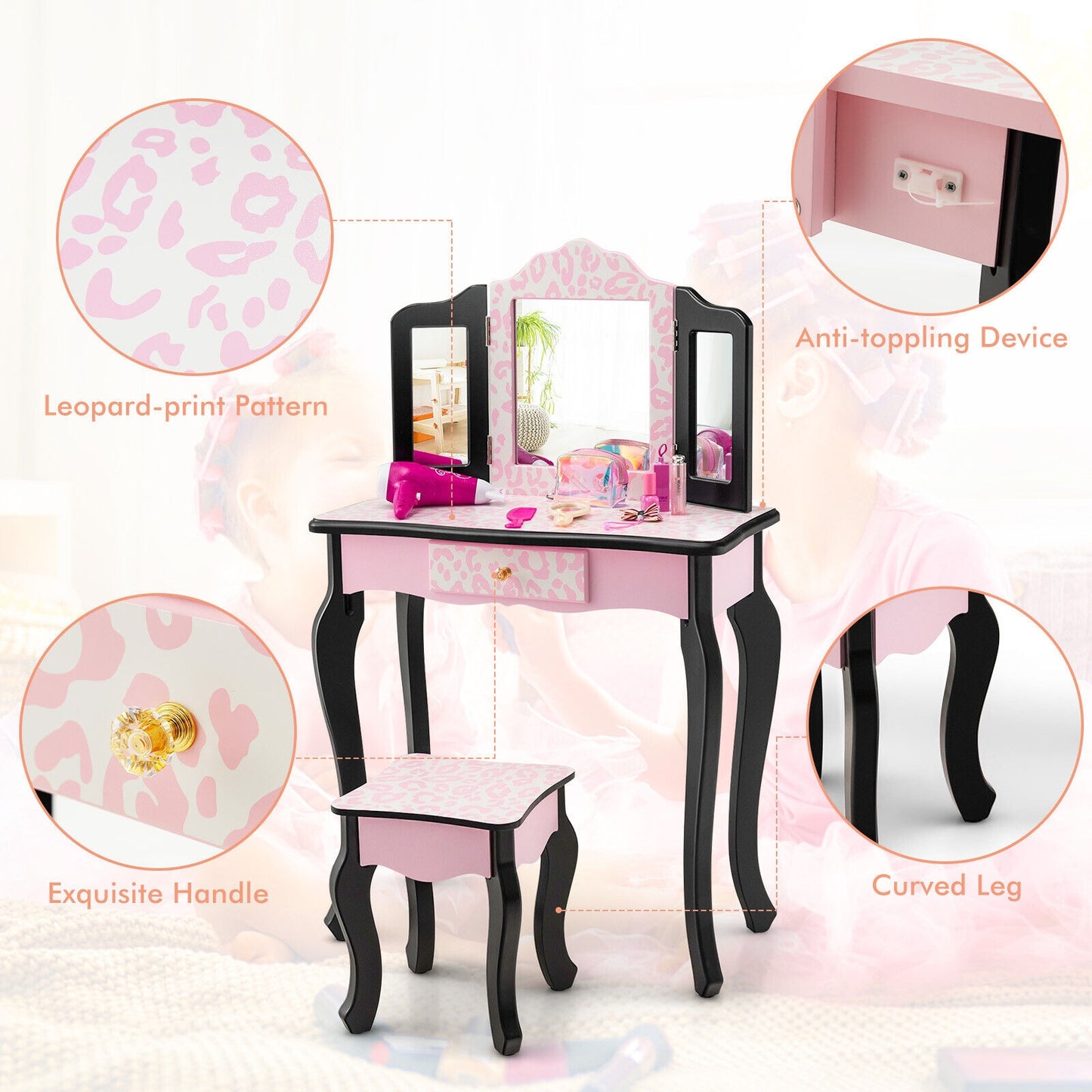 Kid Vanity Set with Tri-Folding Mirror and Leopard Print-Pink Kids Crystal