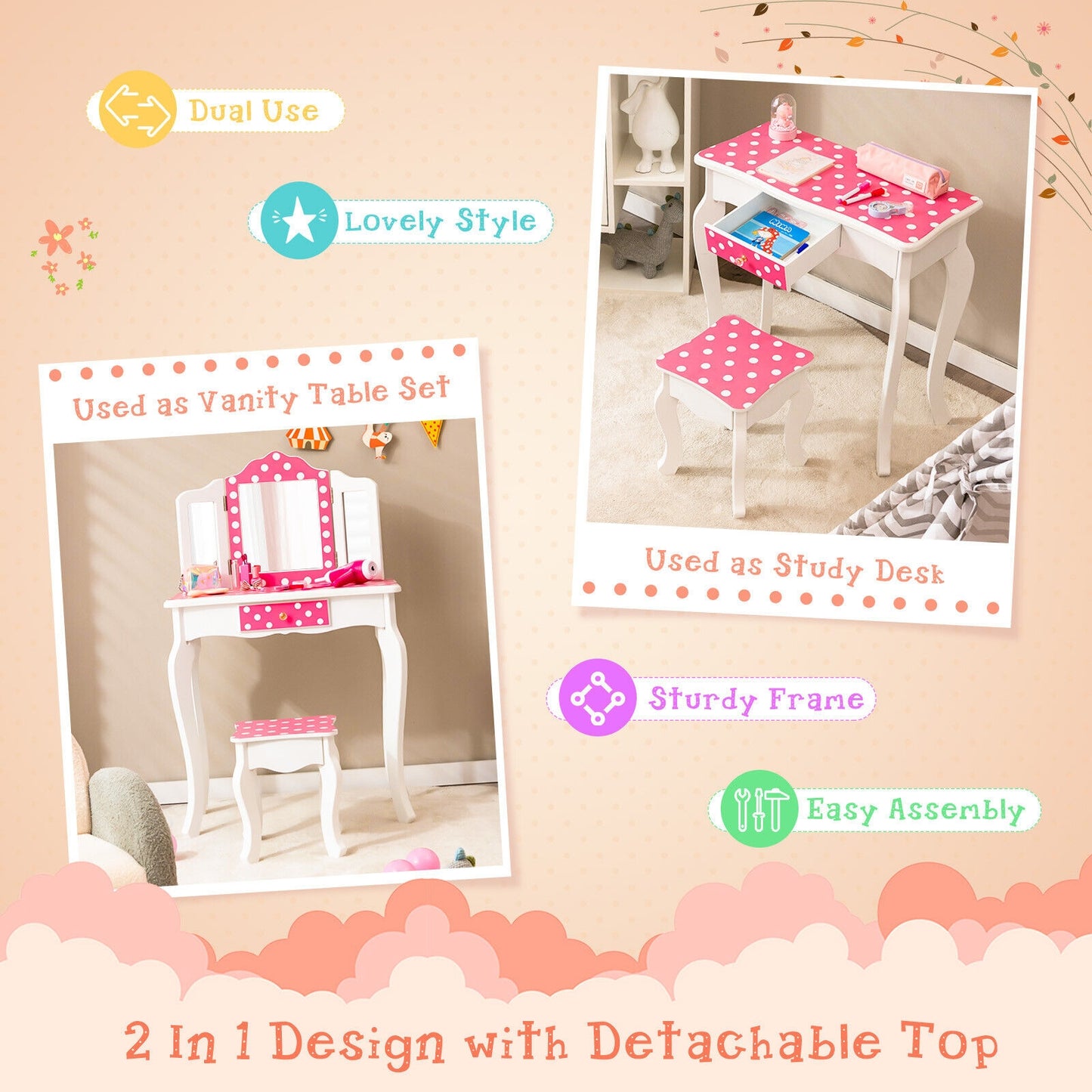 Kids Vanity Table and Stool Set with Cute Polka Dot Print-Pink Kids Crystal