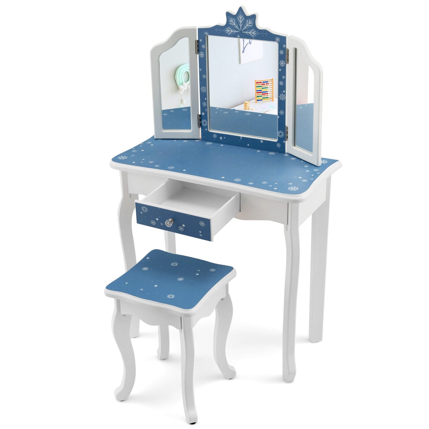 Princess Vanity Table and Chair Set with Tri-Folding Mirror and Snowflake Print-Blue Kids Crystal