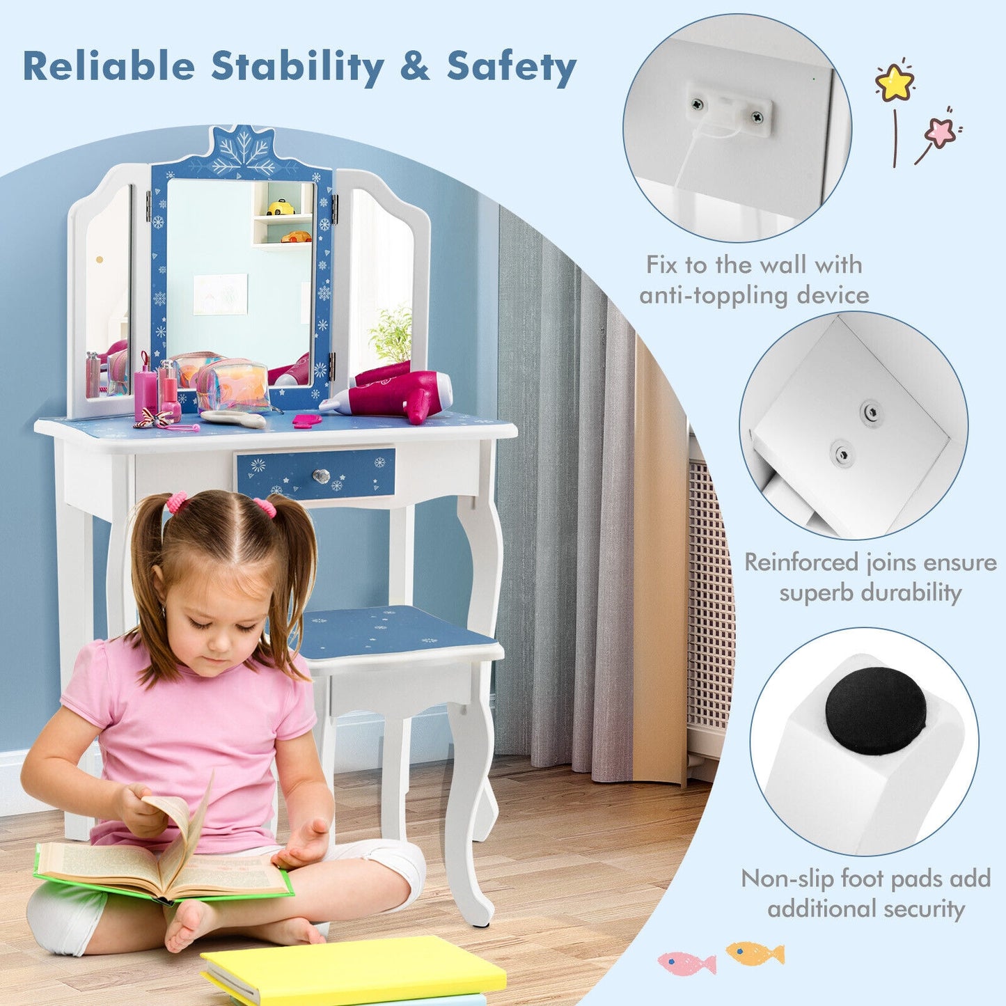 Princess Vanity Table and Chair Set with Tri-Folding Mirror and Snowflake Print-Blue Kids Crystal