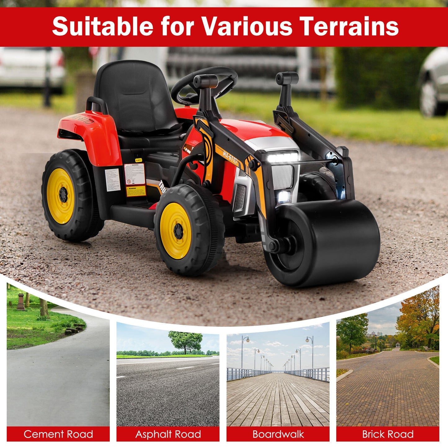 12V Kids Ride on Road Roller with 2.4G Remote Control-Red Kids Crystal