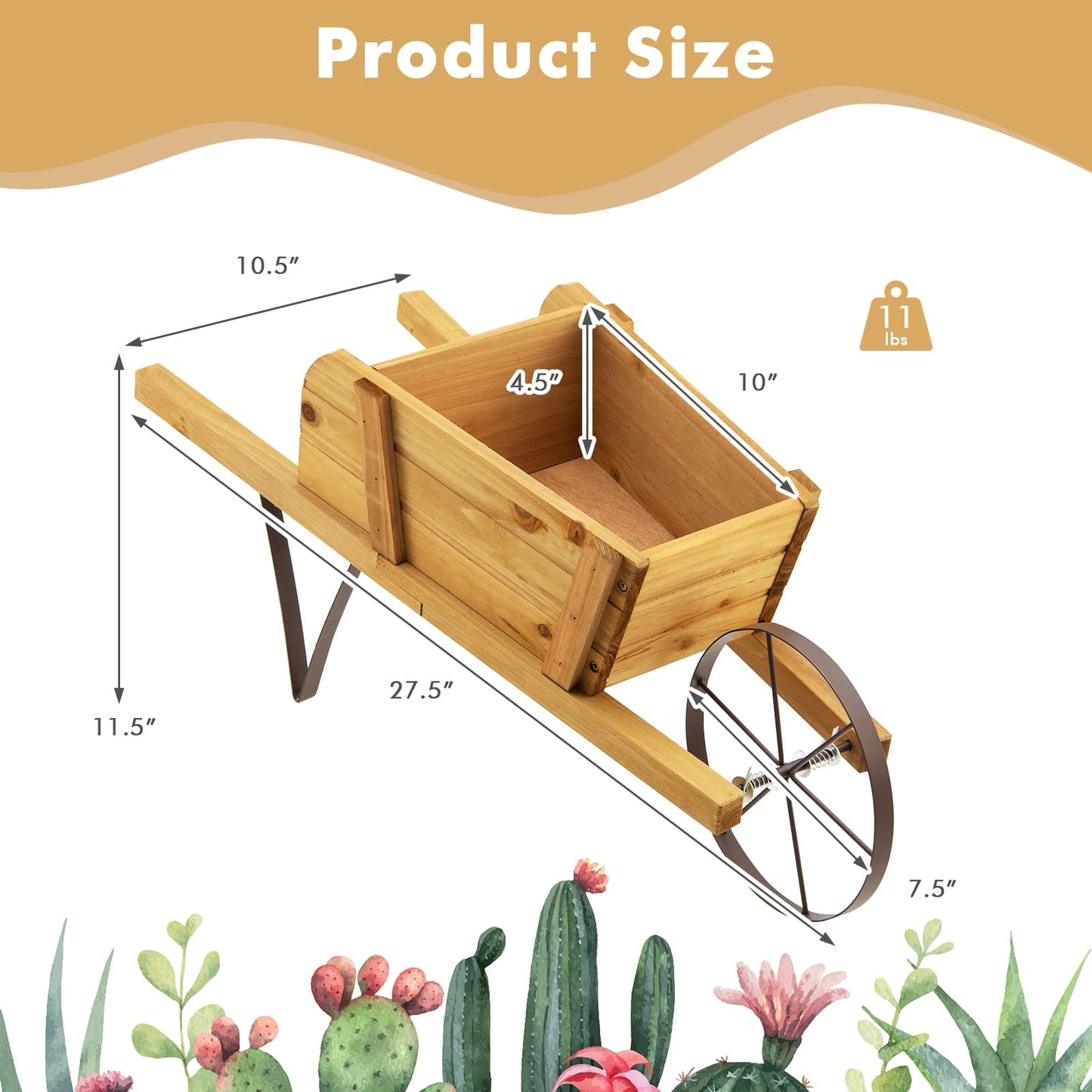 Wooden Wagon Planter with 9 Magnetic Accessories for Garden Yard-Walnut Kids Crystal