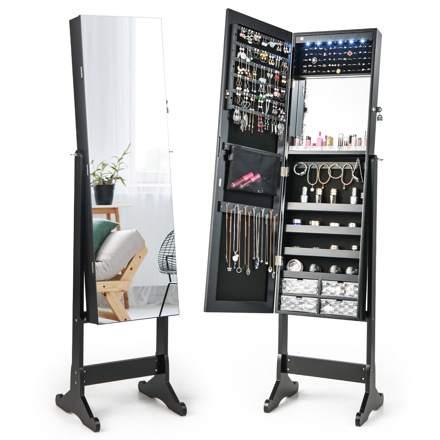 Free Standing Full Length Jewelry Armoire with Lights in Black Kids Crystal
