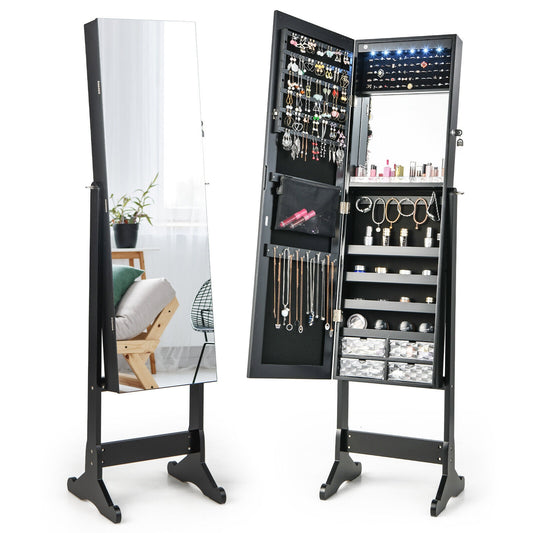 Free Standing Full Length Jewelry Armoire with Lights in Black Kids Crystal