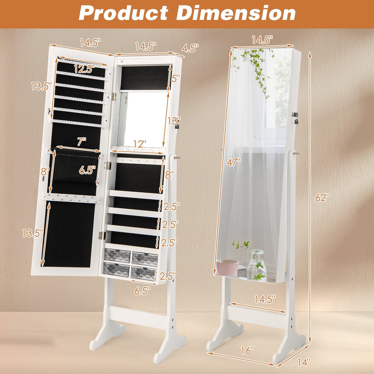 Free Standing Full Length Jewelry Armoire with Lights-White Kids Crystal