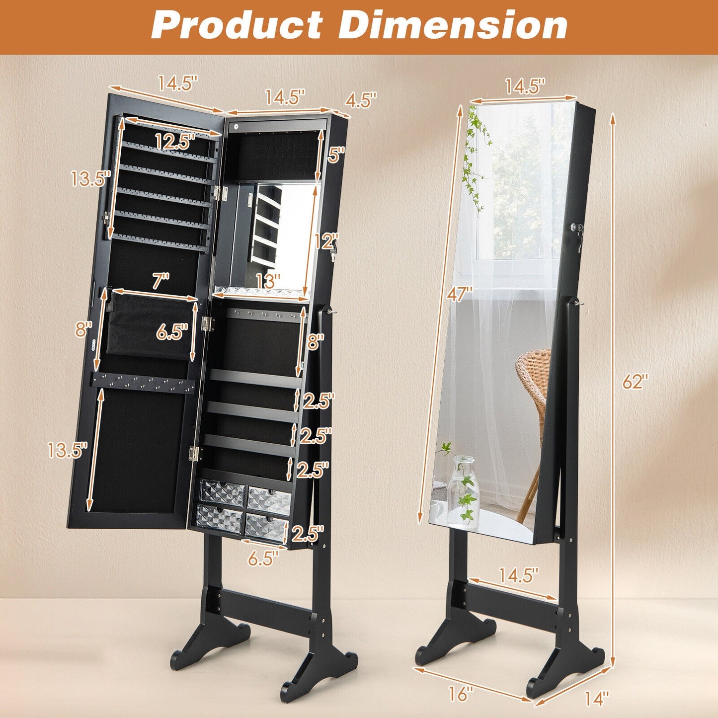Free Standing Full Length Jewelry Armoire with Lights in Black Kids Crystal