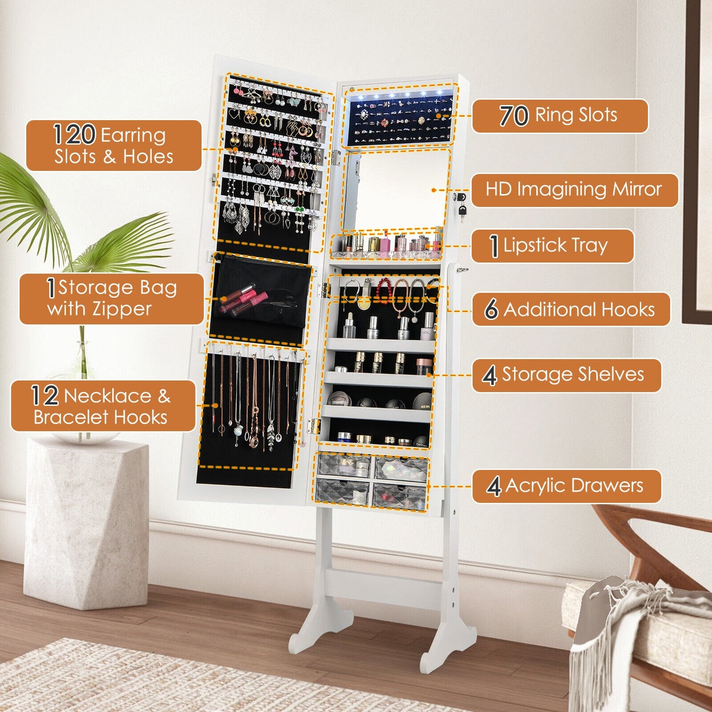 Free Standing Full Length Jewelry Armoire with Lights-White Kids Crystal