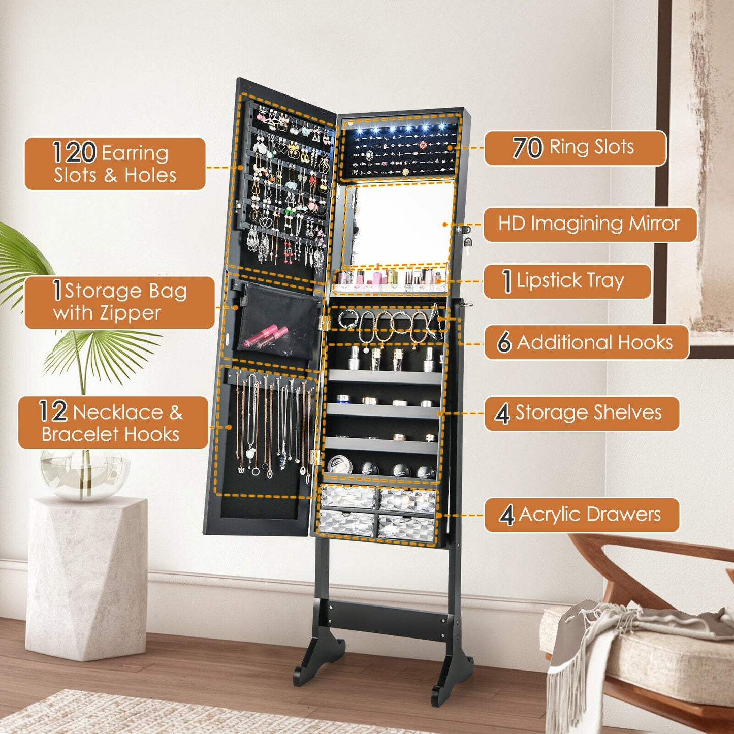 Free Standing Full Length Jewelry Armoire with Lights in Black Kids Crystal