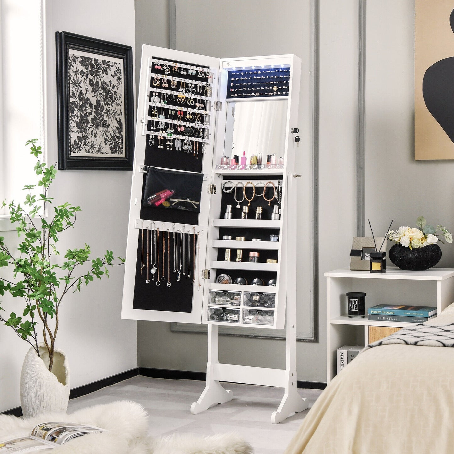 Free Standing Full Length Jewelry Armoire with Lights-White Kids Crystal