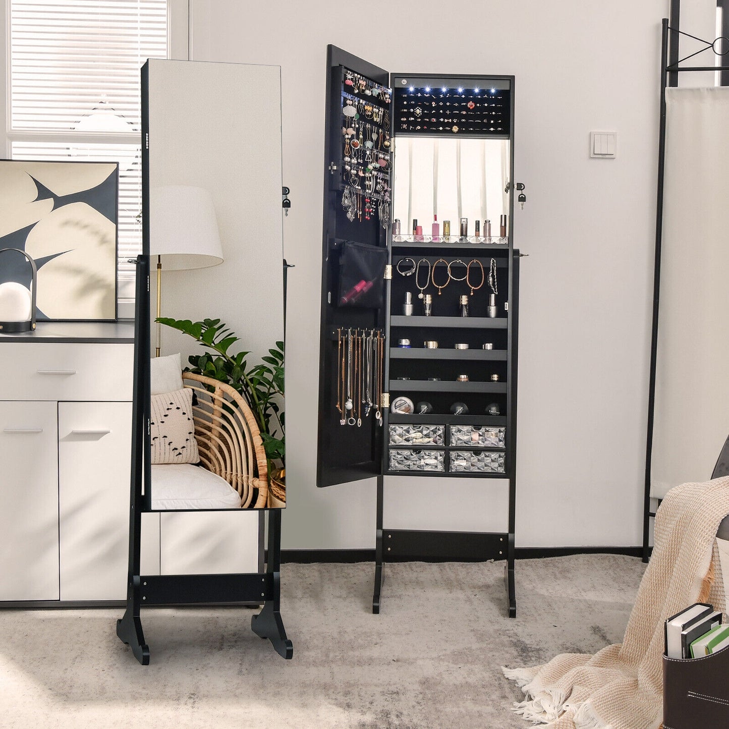 Free Standing Full Length Jewelry Armoire with Lights in Black Kids Crystal