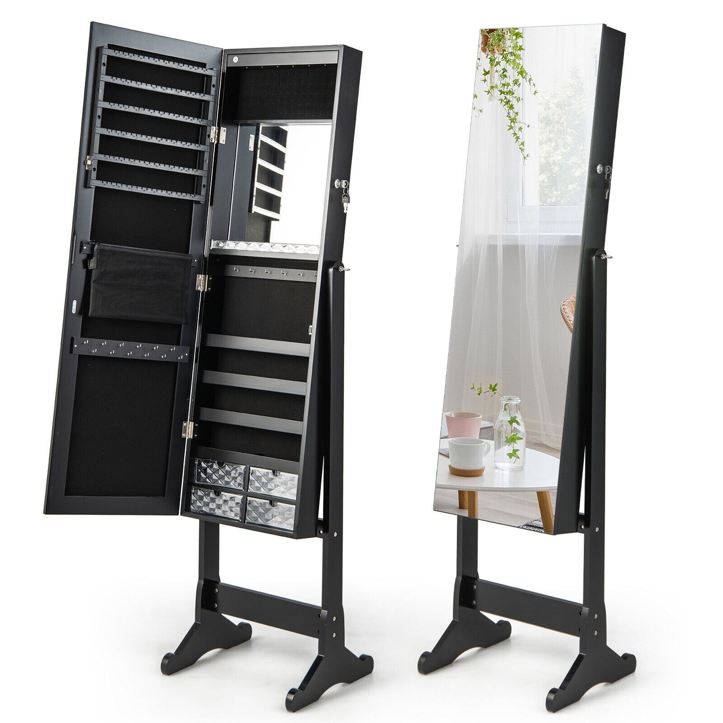 Free Standing Full Length Jewelry Armoire with Lights in Black Kids Crystal