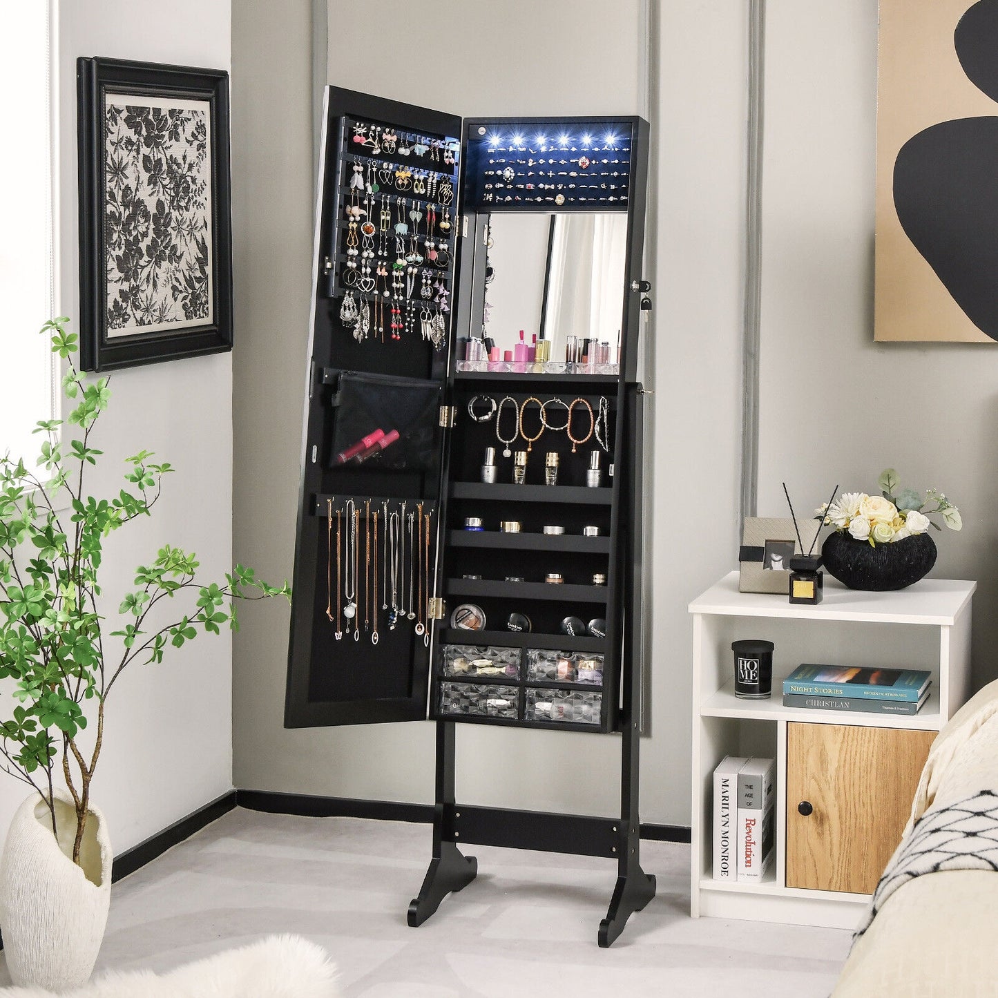Free Standing Full Length Jewelry Armoire with Lights in Black Kids Crystal