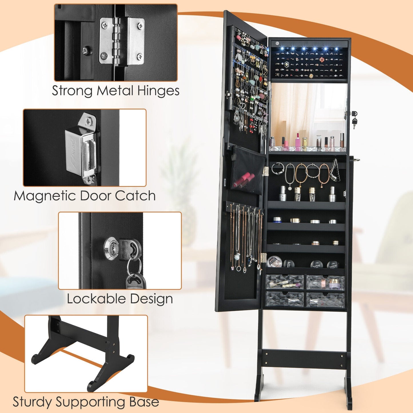 Free Standing Full Length Jewelry Armoire with Lights in Black Kids Crystal