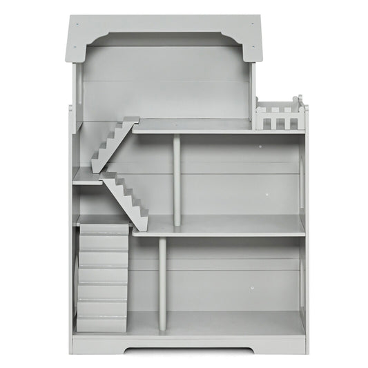 Kids Wooden Dollhouse Bookshelf with Anti-Tip Design and Storage Space-Gray Kids Crystal