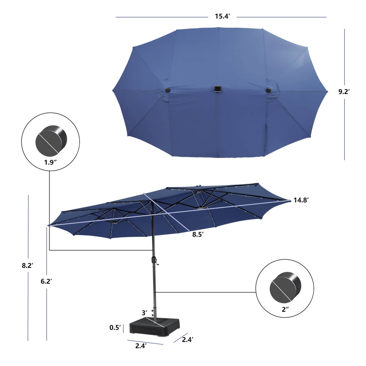 15 Feet Double-Sided Patio Umbrella with 48 LED Lights-Navy Kids Crystal
