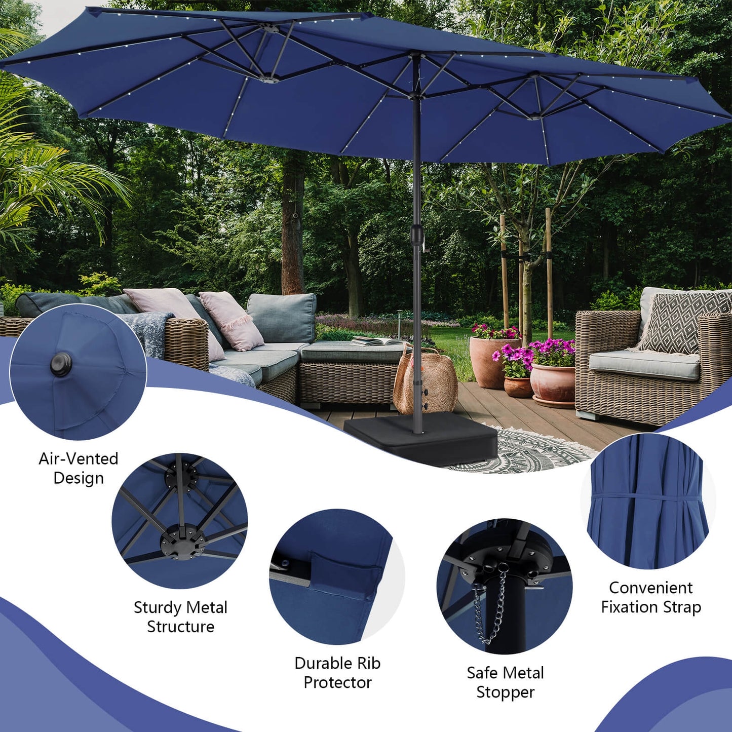 15 Feet Double-Sided Patio Umbrella with 48 LED Lights-Navy Kids Crystal