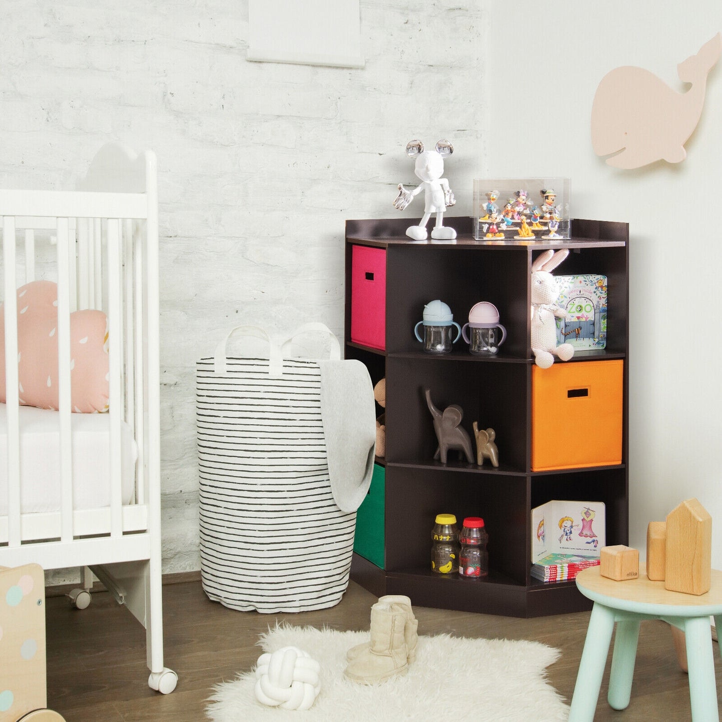3-Tier Kids Storage Shelf Corner Cabinet with 3 Baskets-Brown Kids Crystal