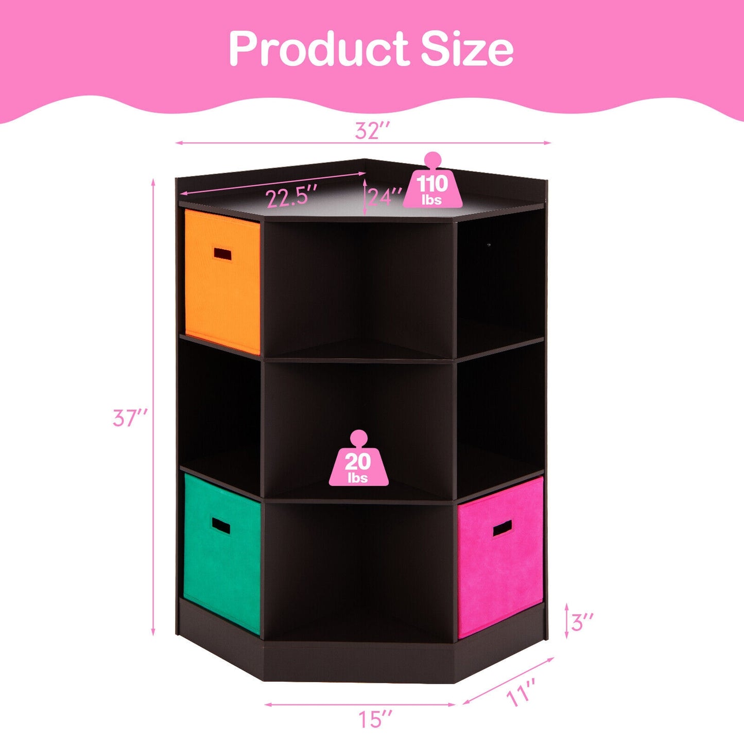 3-Tier Kids Storage Shelf Corner Cabinet with 3 Baskets-Brown Kids Crystal