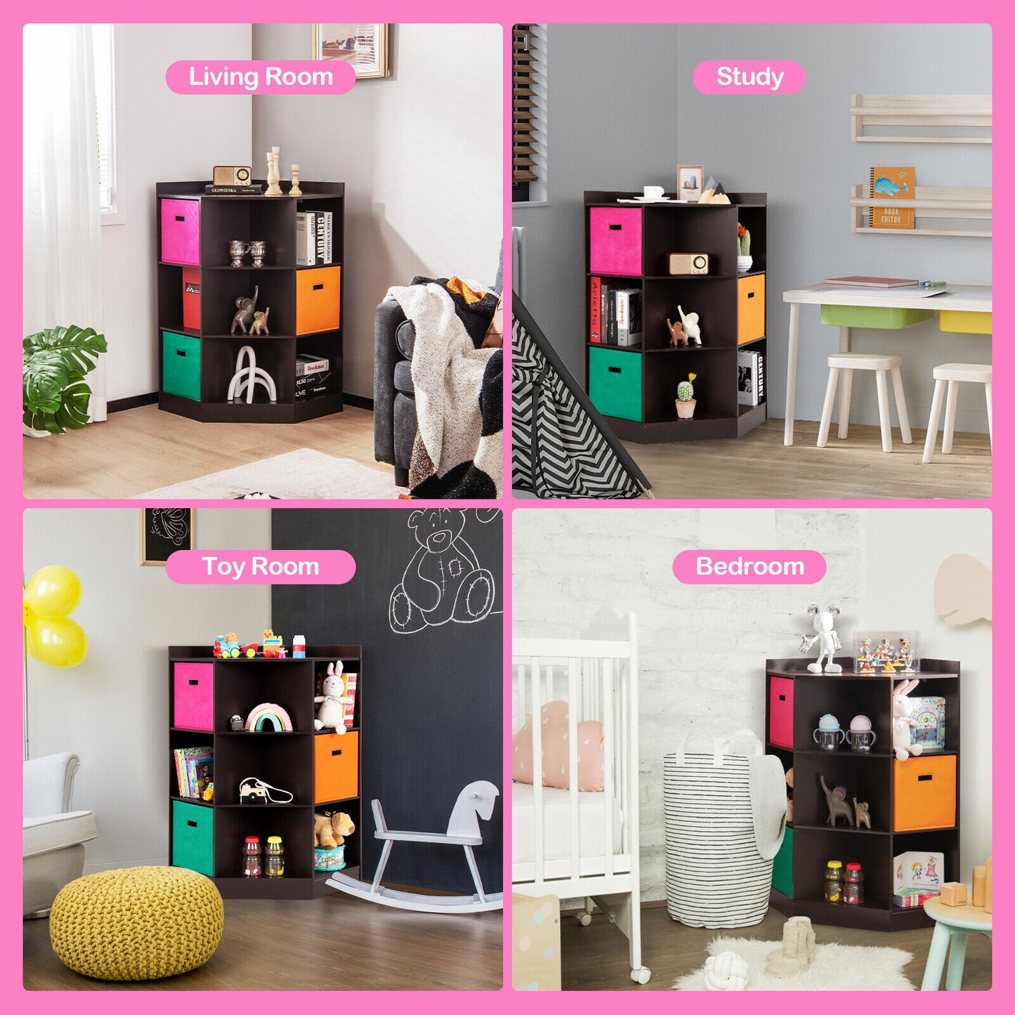3-Tier Kids Storage Shelf Corner Cabinet with 3 Baskets-Brown Kids Crystal