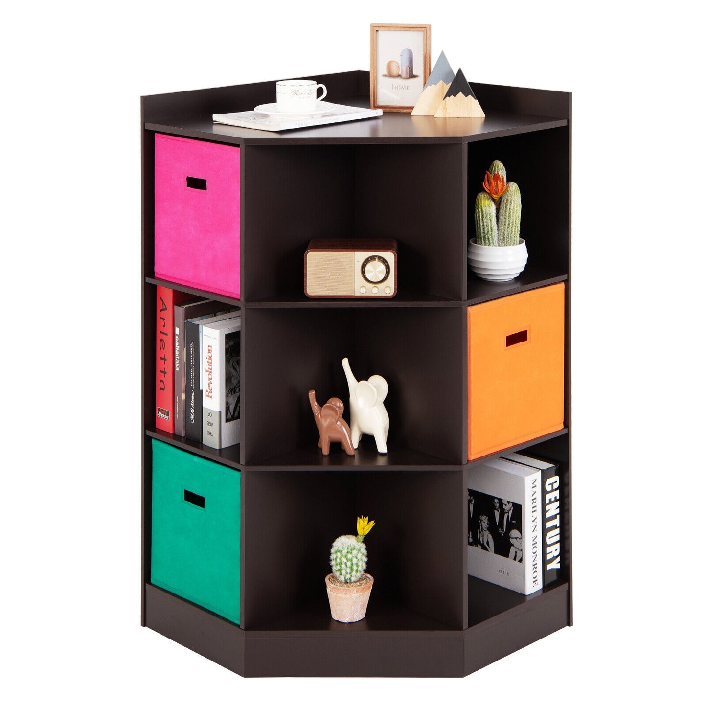3-Tier Kids Storage Shelf Corner Cabinet with 3 Baskets-Brown Kids Crystal