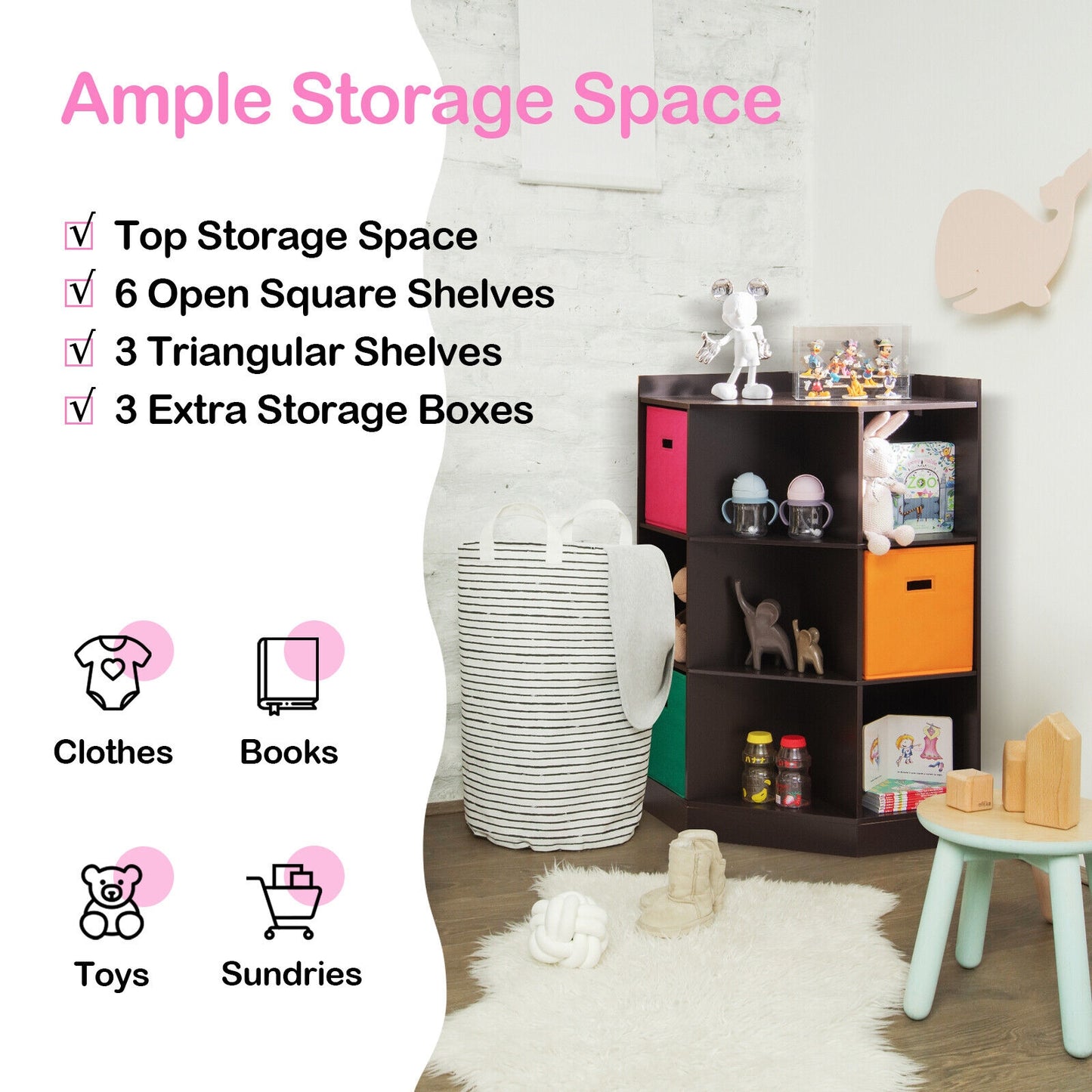 3-Tier Kids Storage Shelf Corner Cabinet with 3 Baskets-Brown Kids Crystal
