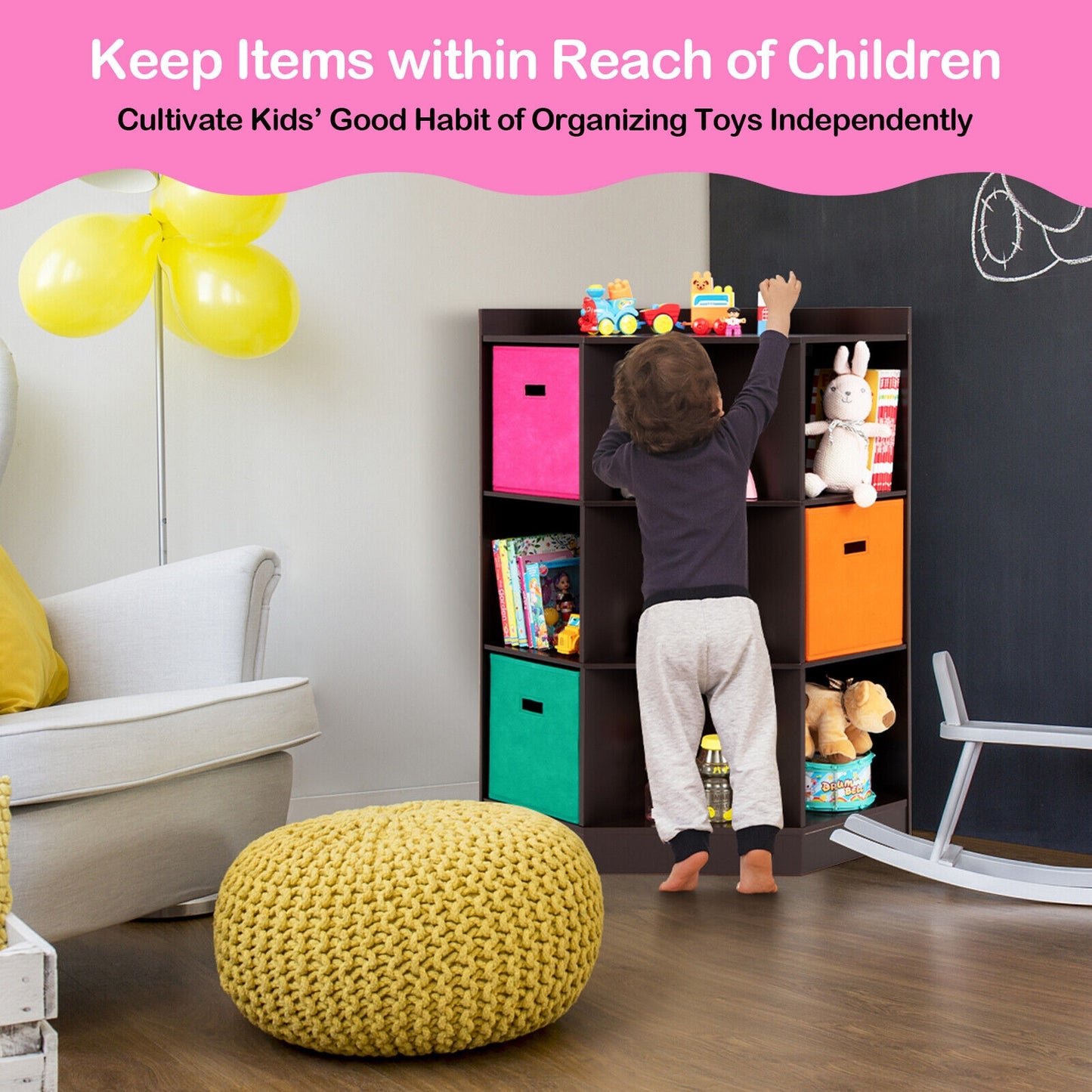 3-Tier Kids Storage Shelf Corner Cabinet with 3 Baskets-Brown Kids Crystal