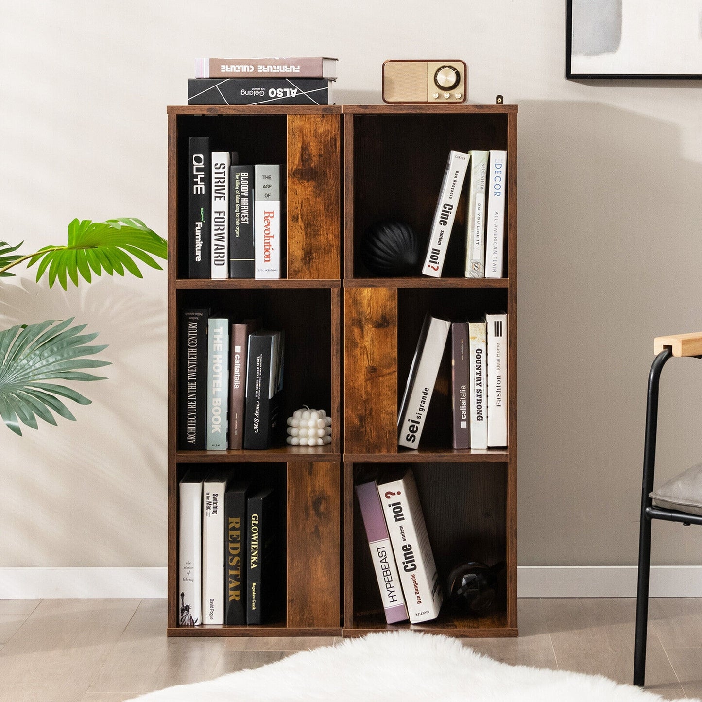 3-Tier 6 Cube Freestanding Bookcase with Anti-toppling Device-Rustic Brown Kids Crystal