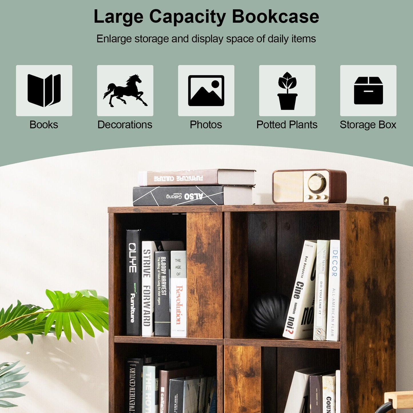 3-Tier 6 Cube Freestanding Bookcase with Anti-toppling Device-Rustic Brown Kids Crystal