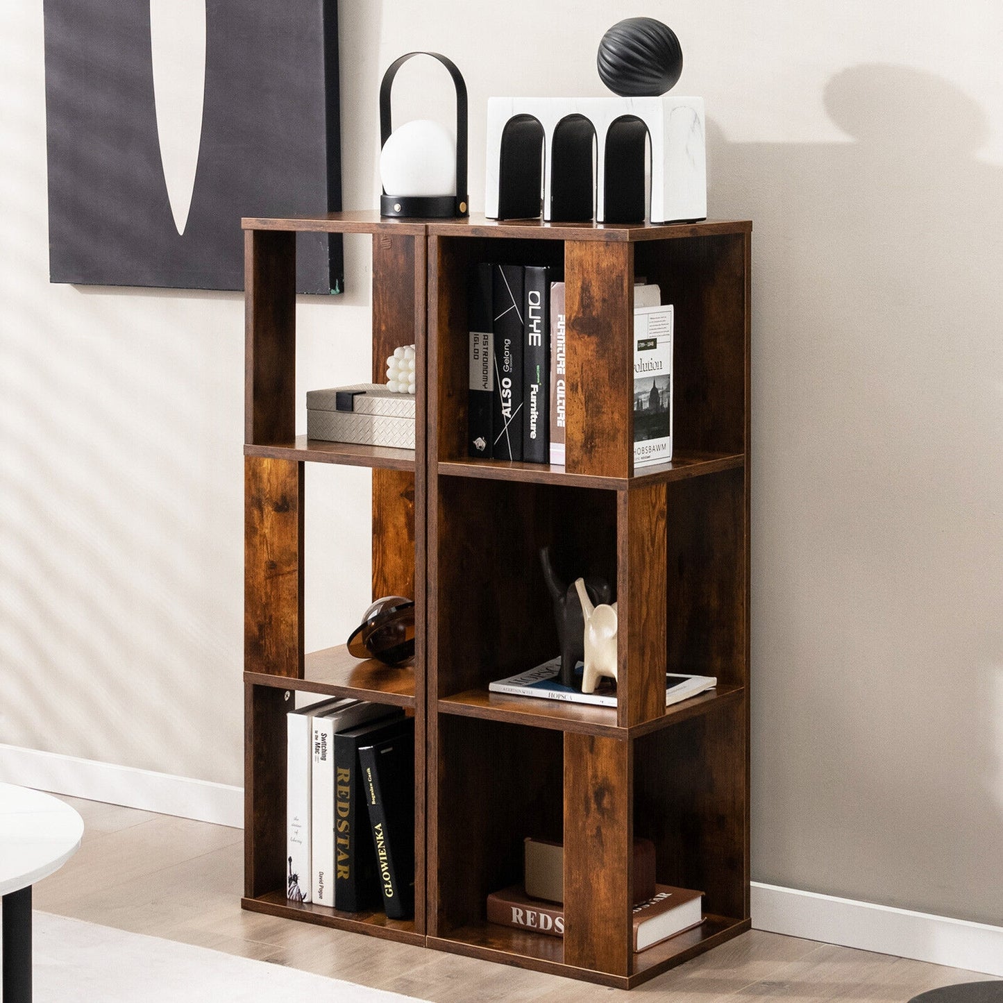3-Tier 6 Cube Freestanding Bookcase with Anti-toppling Device-Rustic Brown Kids Crystal