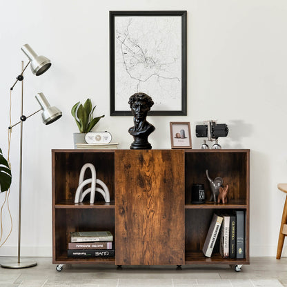 Wood Storage Cabinet with Wheels and 6 Compartments-Rustic brown