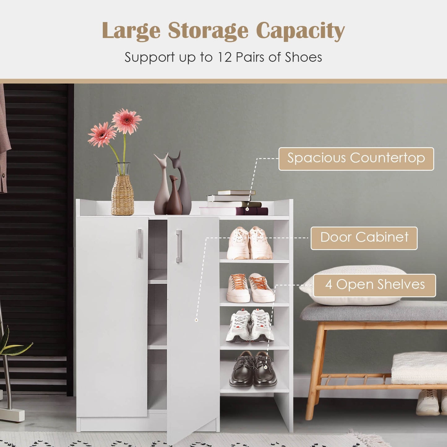 Freestanding Shoe Cabinet with 3-Postition Adjustable Shelves-White Kids Crystal